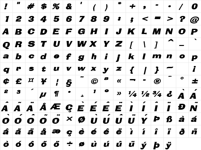 Alor Wide BoldItalic  glyph index