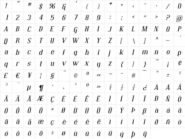 Covington Exp Italic  glyph index