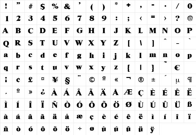 Riccione-ExtraBold Regular  glyph index