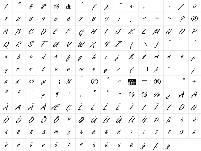 FreelanceAllegro Regular  glyph index