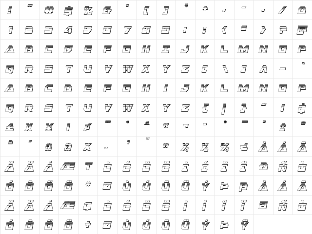 Liberty Island Chrome Italic Italic  glyph index