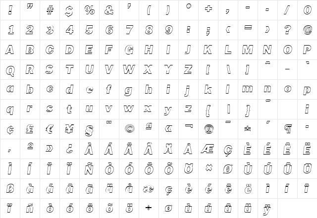 CarlBeckerOutline-Heavy Italic  glyph index