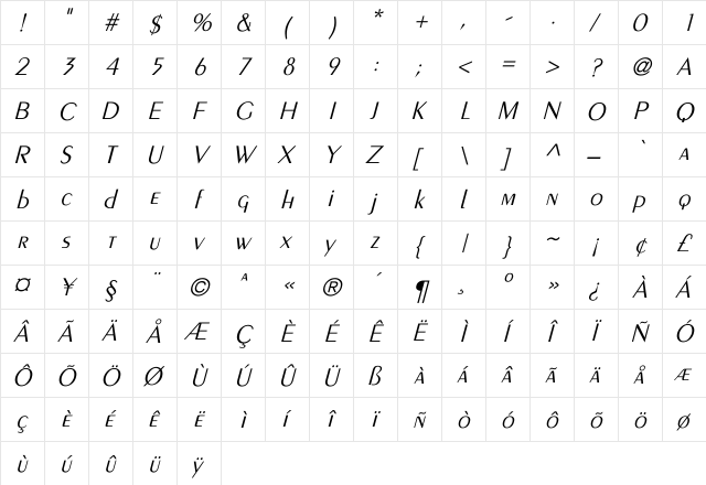 Crossley-Light Italic Regular  glyph index