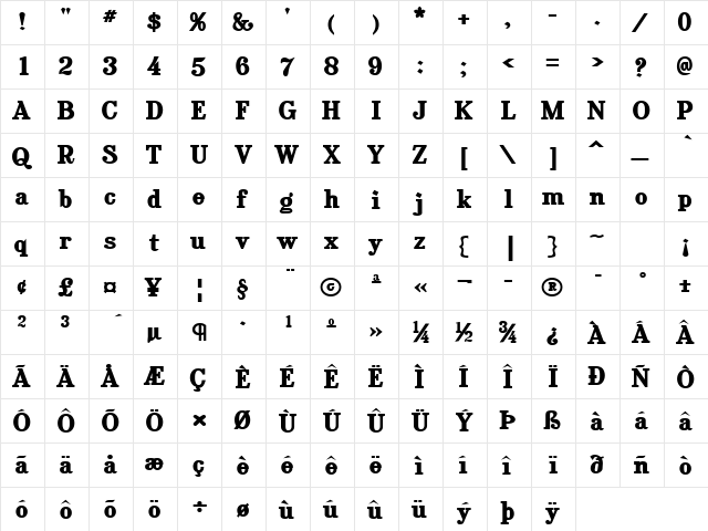 RataczakXBold Bold  glyph index