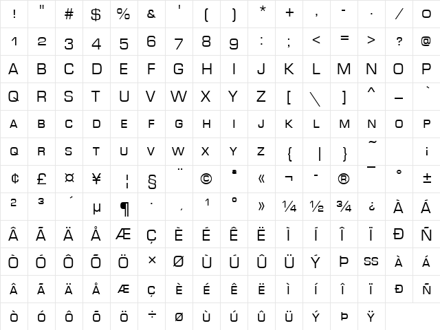 Eurostile Becker Caps Regular  glyph index