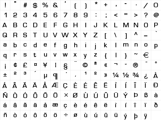 EurasiaWide Bold  glyph index