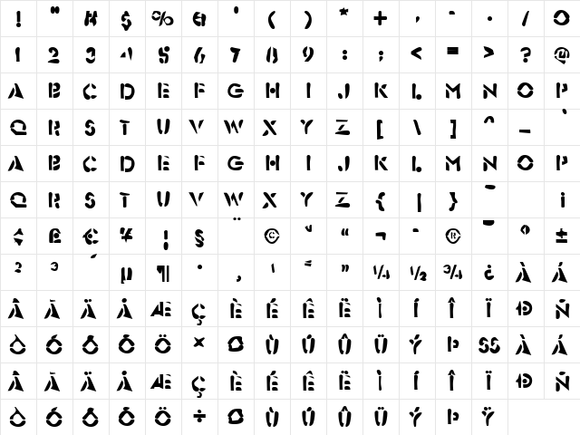 Dirty25 Bold  glyph index