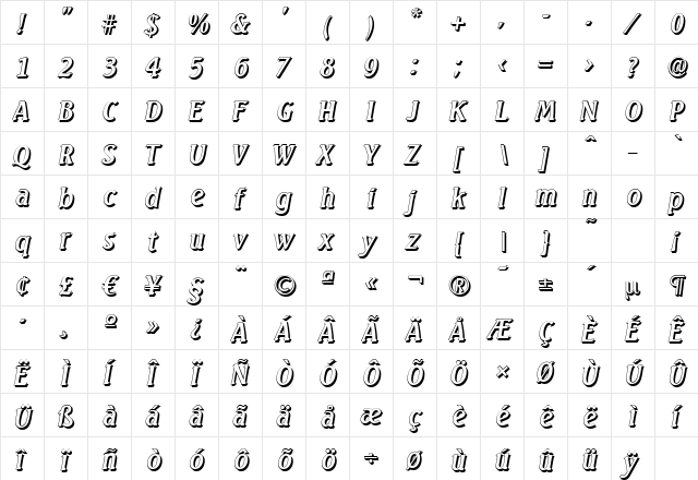 SeagullShadow Italic  glyph index