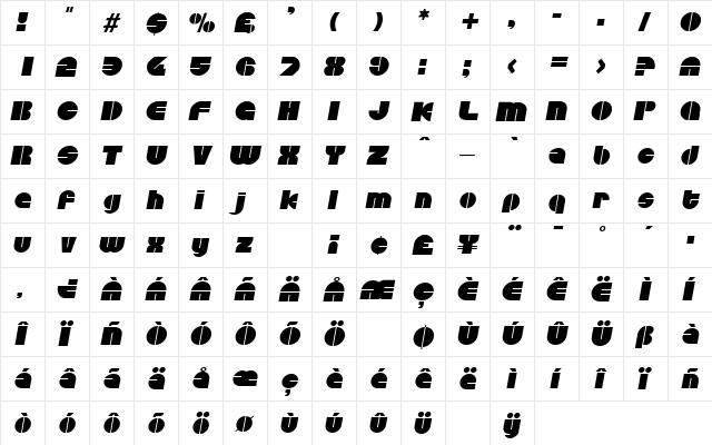 Disco Italic  glyph index