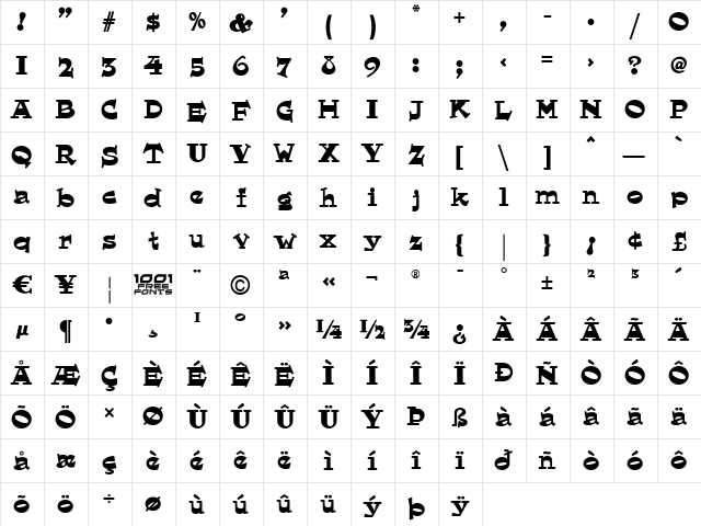 Hornswoggled NF Regular  glyph index
