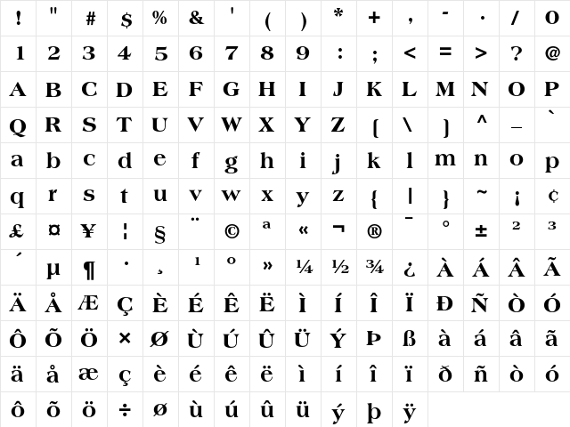 Americana Extra Bold  glyph index