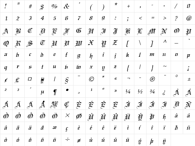 England Italic  glyph index