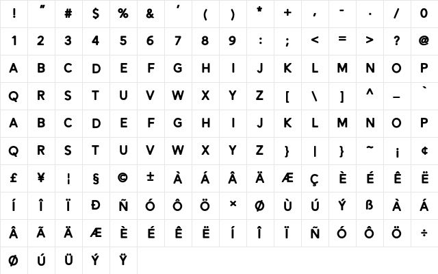 Alesand Round ExtBd Regular  glyph index