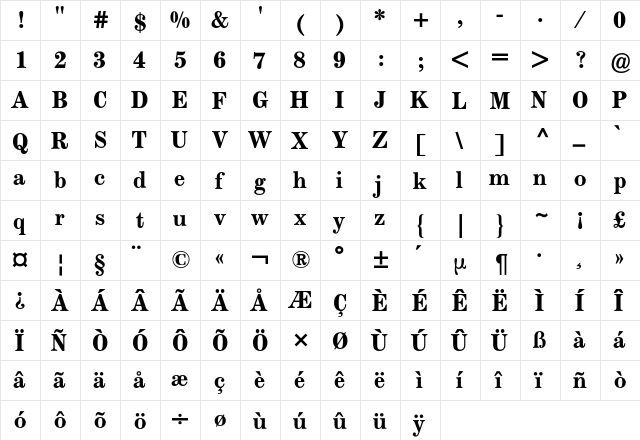 Modern BQ Regular  glyph index