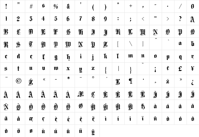Middlesex Regular  glyph index