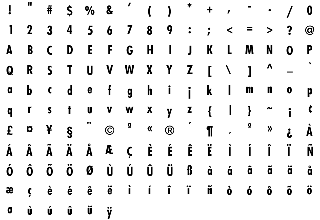Fairmont-Condensed-Bold Regular  glyph index