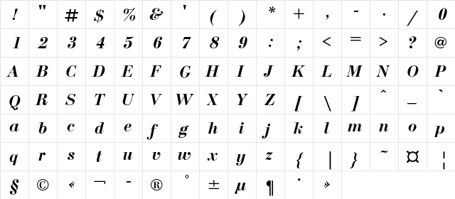 BodoniC Bold Italic  glyph index