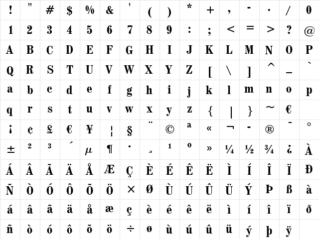 Century725 BdCn BT Bold  glyph index