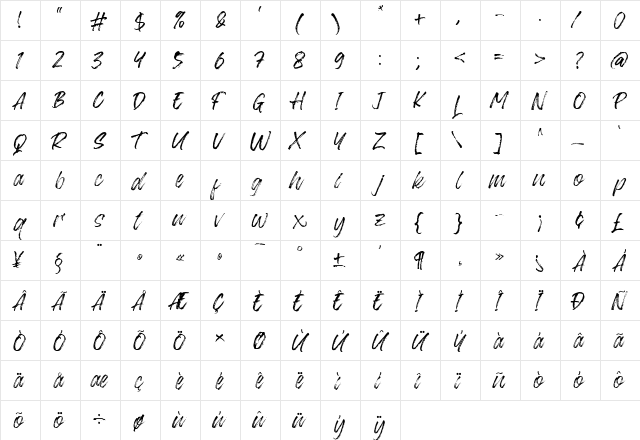 Blackway Brush Regular  glyph index
