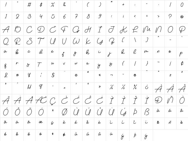 Vemina Regular  glyph index