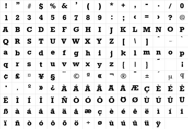 Stafford-Serial Bold  glyph index