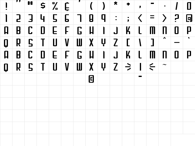 Gunblade Regular  glyph index