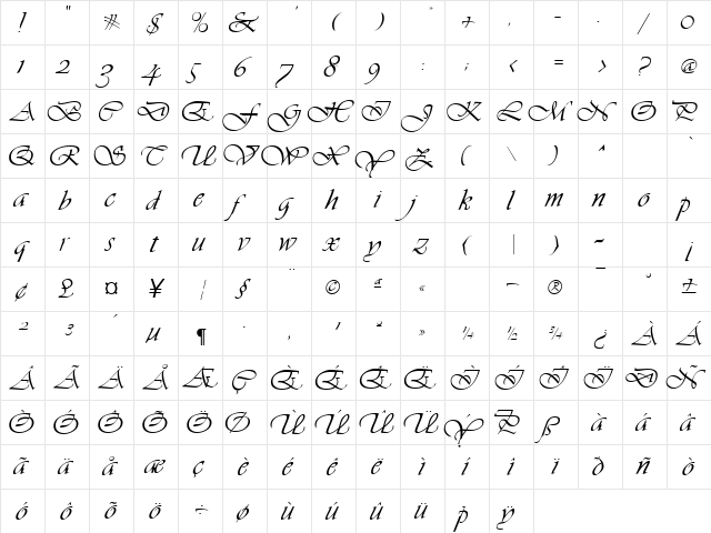 GE VibrantScript Regular  glyph index