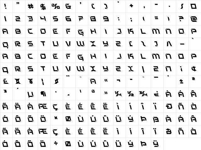 Zero Prime Leftalic Italic  glyph index