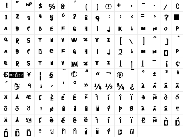 Moore899 Bold  glyph index