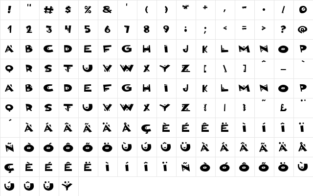 Bonkers Regular  glyph index