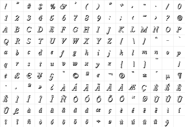 WorcesterShadow Italic  glyph index