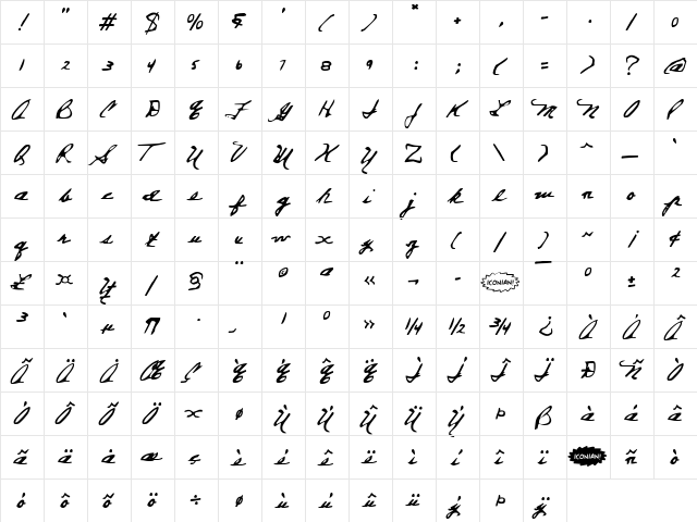 Everett Steele's Hand Regular  glyph index