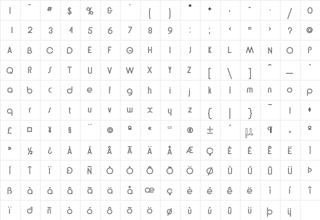 Bethel Ho Regular  glyph index