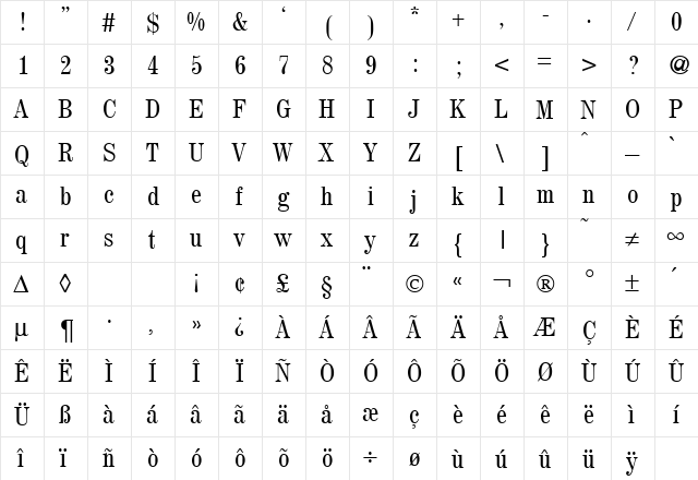 MagazineCond Regular  glyph index