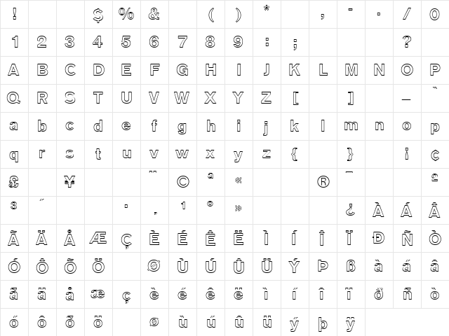AGOldFace BoldOutline  glyph index