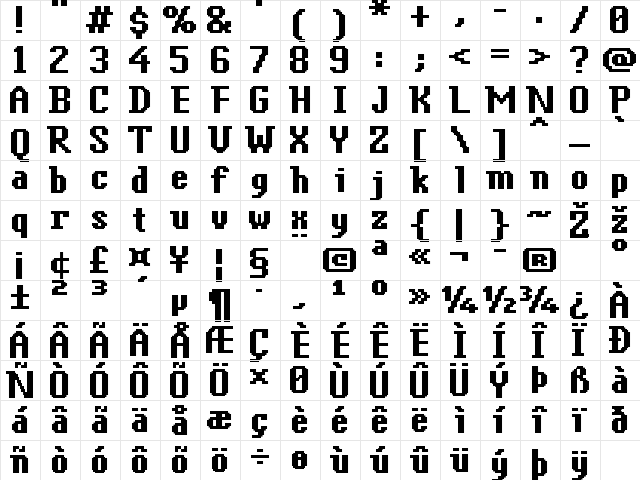 FFF Antigua Bold Extended Regular  glyph index