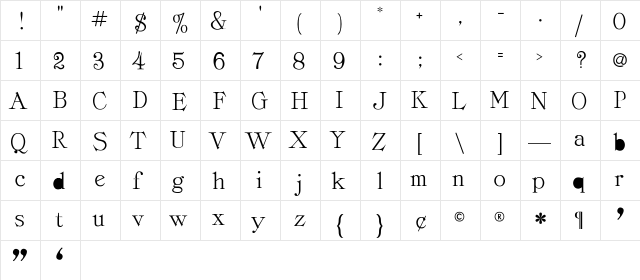 Classica-Roman Regular  glyph index