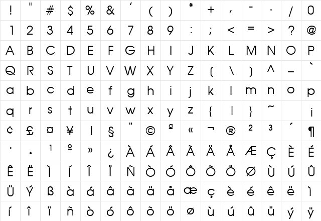 Avante Normal  glyph index