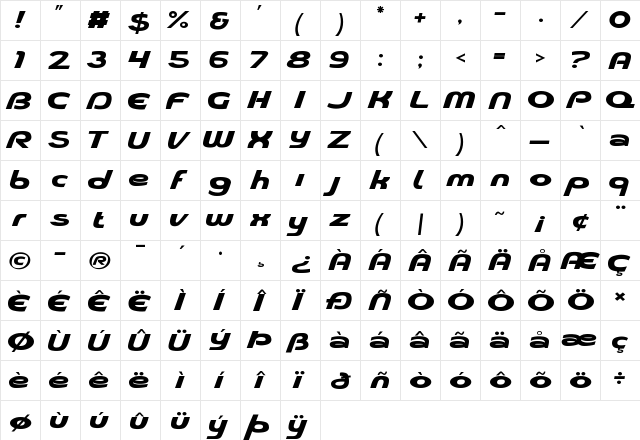 Pioneer Regular  glyph index