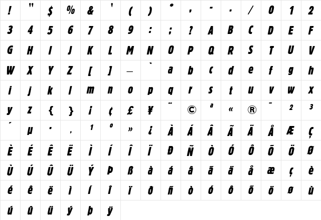 Block Berthold Extra Condensed Italic  glyph index