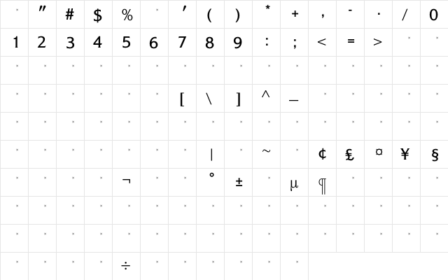 AlexonMediumTab Regular  glyph index