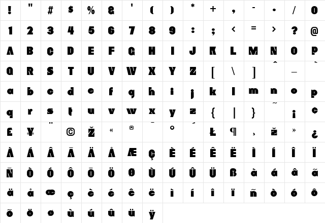 Chesty Regular  glyph index