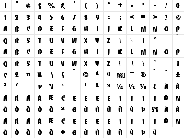 BaccaratUpright Regular  glyph index