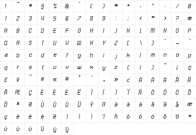 UNDA Regular  glyph index