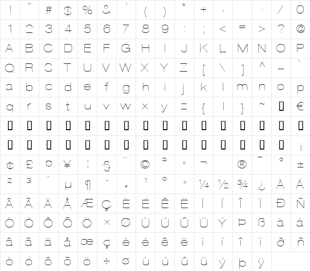 HelveticaNeue LT 23 UltLtEx Regular  glyph index