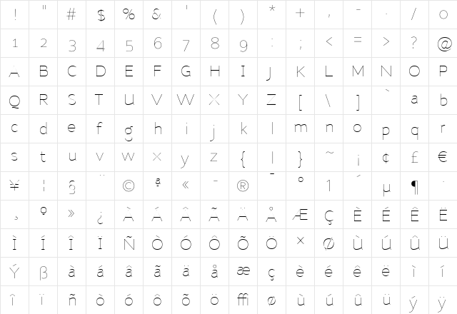 Nubian-Thin Thin  glyph index