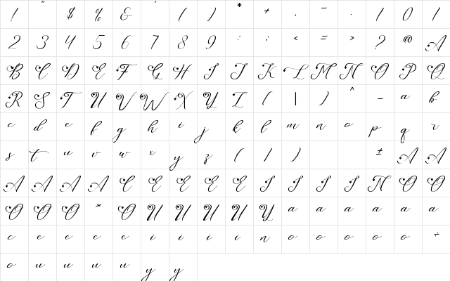 Leslie Dawn Love Regular  glyph index