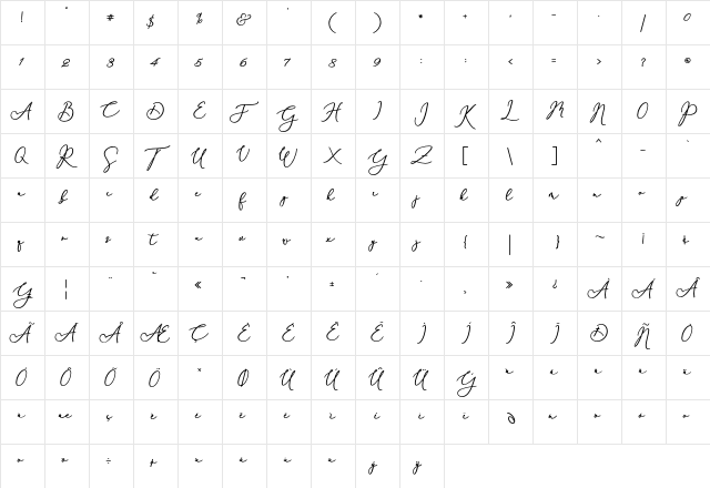 Rachela Bold Regular  glyph index