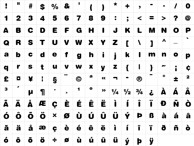 HelveticaRounded LT Bold Bold  glyph index