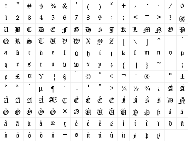 Old English Text MT Regular  glyph index